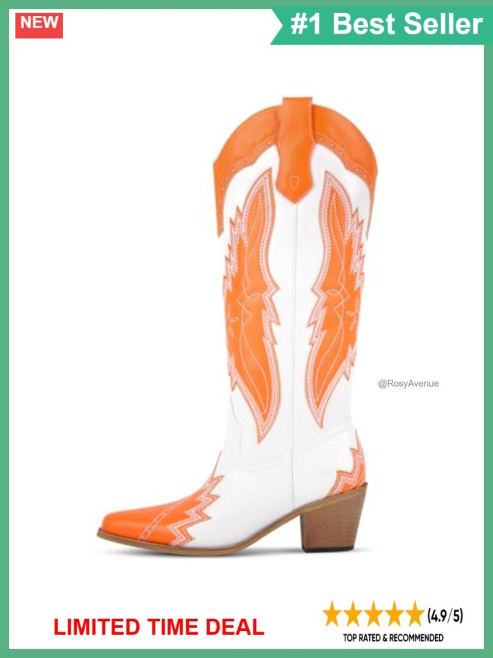 Western Embroidered Knee High Cowboy Boots Pointed Toe Chunky Heel Vegan